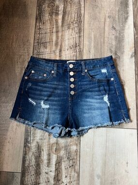 Forever 21 Dark Blue Distressed High-Rise Denim Shorts